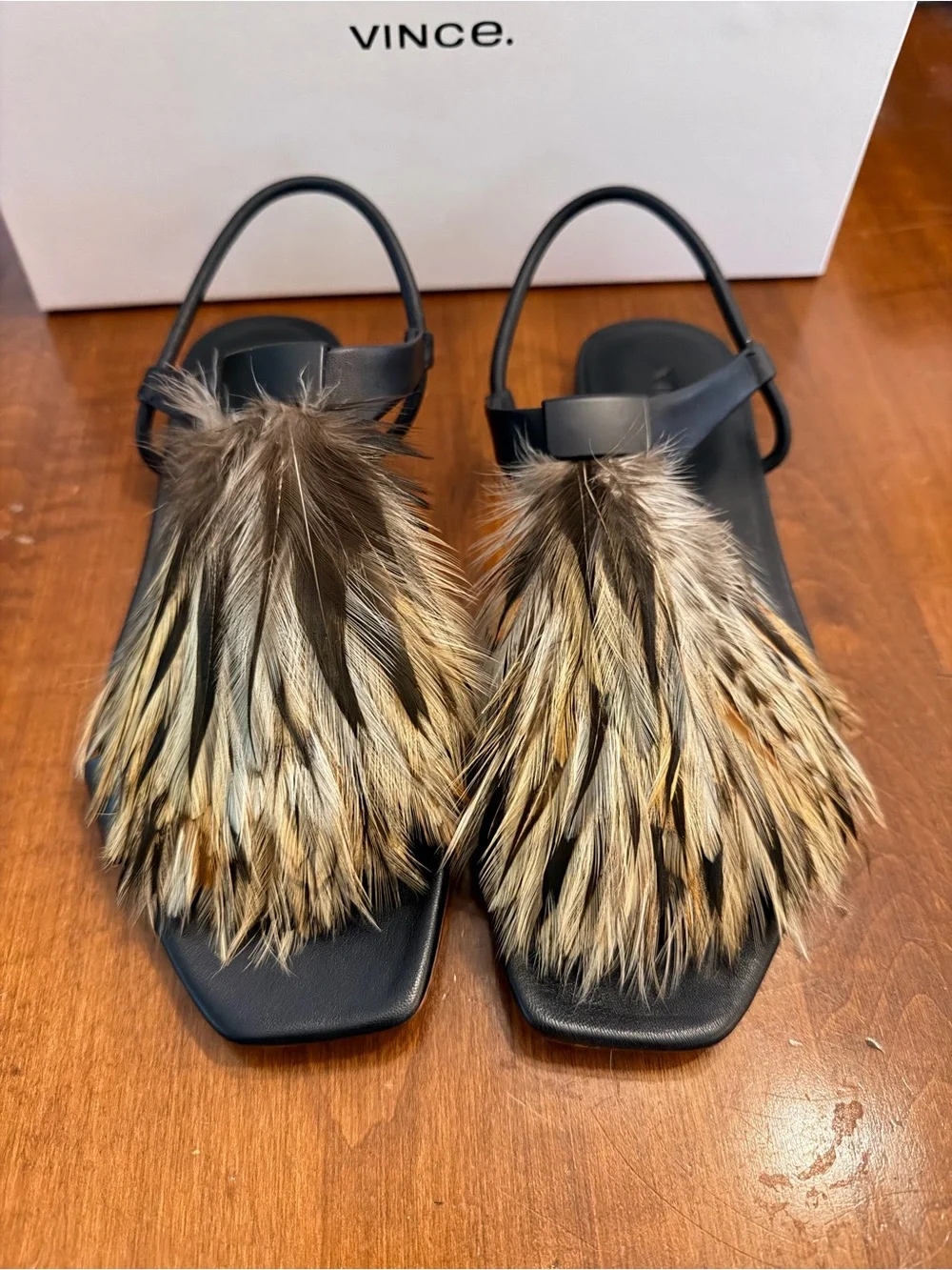 Vince Hepburn Black Leather Slingback Sandals with Feather Accent